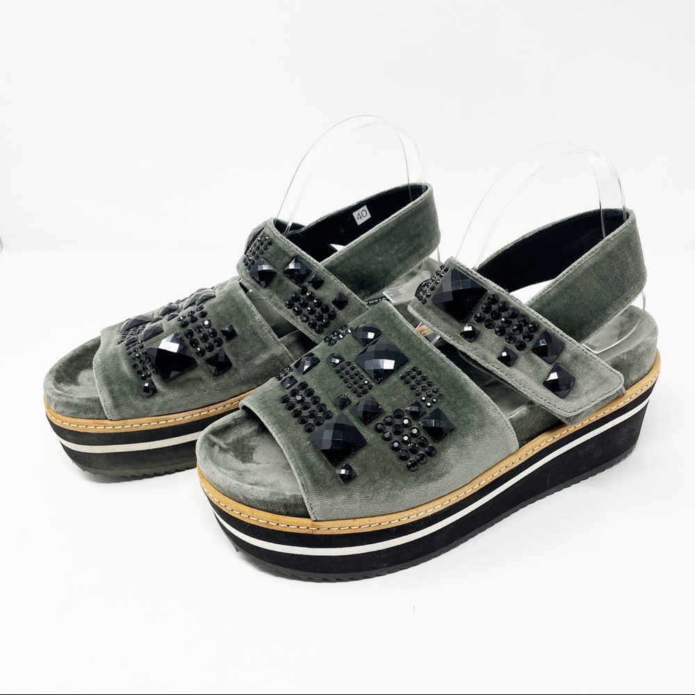 Liviana Conti Crystal Embellished Grey Velvet Open Toe Platform Sandals Size 40